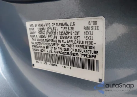 2008 Honda Odyssey Ex-L из США, поврежденный, VIN 5FNRL38628B089379